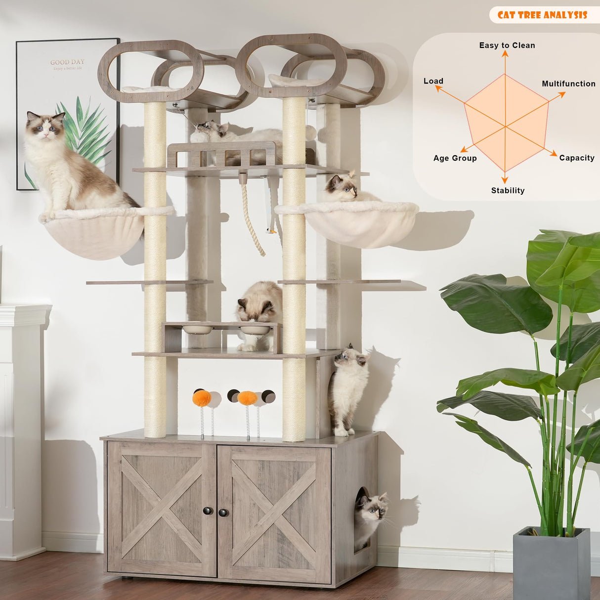 Heybly Cat Tree with Litter Box Enclosure, 76.8-inch Wooden mainecoons Cat Tower with Food Station,Extra Large Platforms, Modern Big Cat Condo Furniture with All-sisal Scratching Post, Greige HCT111SG Heybly