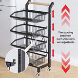 COVAODQ Snack Cart with Wheels 4-Tier Adjustable Fruit Rack Fruit Vegetable Basket Cart Metal Wire Storage Cart Rolling Pantry Utility Kitchen Cart COVAODQ