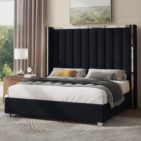 Jocisland Queen Size Bed Frame with 58" Tall Headboard, Velvet Upholstered Platform Bed with Channel Tufted Wingback Headboard and Plating Trim, No Box Spring Needed, Black Jocisland