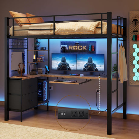 Gizoon Twin Loft Bed with L-Shaped Desk and LED Lights, Charging Station, Storage Shelves, Heavy Duty Metal Loft Bed Frame with Drawers, Safety Guard & Ladder, No Box Spring Needed, Space-Saving,Brown Gizoon