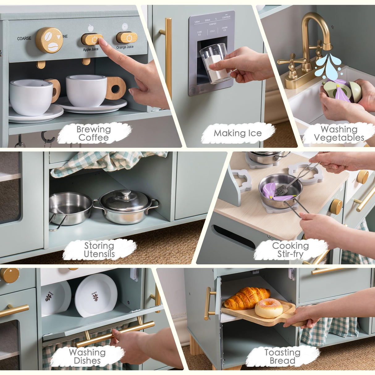 ROBUD Play Kitchen Set, Wooden Play Kitchen with Ice Maker, Fridge, Coffee Machine, Oven, Dishwasher, Microwave, Kitchen Accessories, Toy Kitchen Gift for Boys Girls, 3+ ROBUD