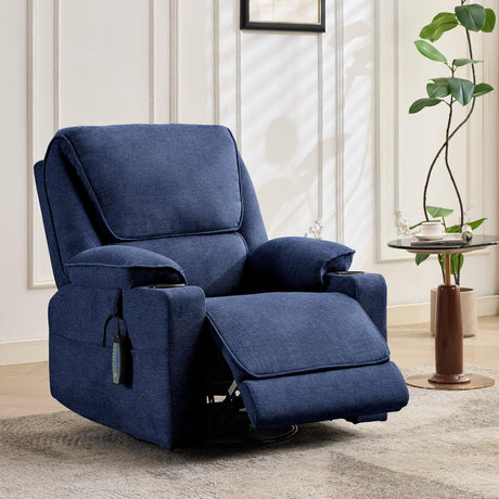 LOUVIXA Swivel Glider Recliner Chair for Adults,Manual Recliner with Massage and Heat, Linen Cotton Fabric Ergonomic Lounge Chair with Cup Holder for Living Room, Bedroom, Nursery (Navy Blue) LOUVIXA