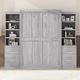 FAVSH Full Size Murphy Bed with Storage Shelves, Solid Wood+Metal Frame Wall-Bed w/ 6 Drawers, Space-Saving Hidden Beds, Fold-The-Way-Bed,Grey FAVSH