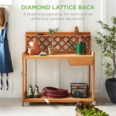 Best Choice Products Outdoor Garden Potting Bench, Wooden Workstation Table w/Cabinet Drawer, Open Shelf, Lower Storage, Lattice Back - Natural Best Choice Products
