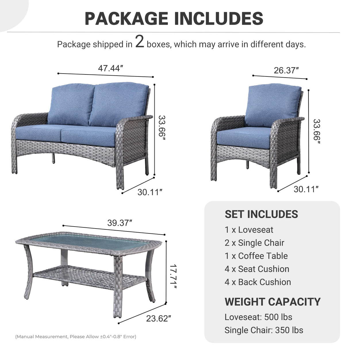 ovios 4 Pieces Patio Furniture Set, Outdoor Wicker Sofa with Coffee Table, Chairs, All Weather High Back Rattan Loveseat Couch with Comfy Cushions, Denim Blue ovios