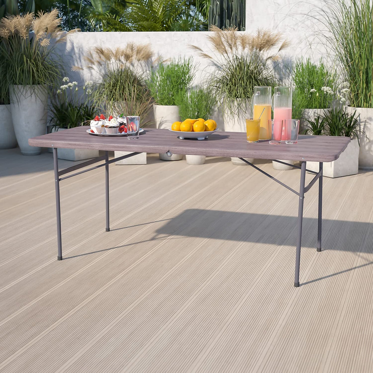 Flash Furniture Elijah 6-Foot Bi-Fold Brown Wood Grain Plastic Folding Table with Carrying Handle Flash Furniture