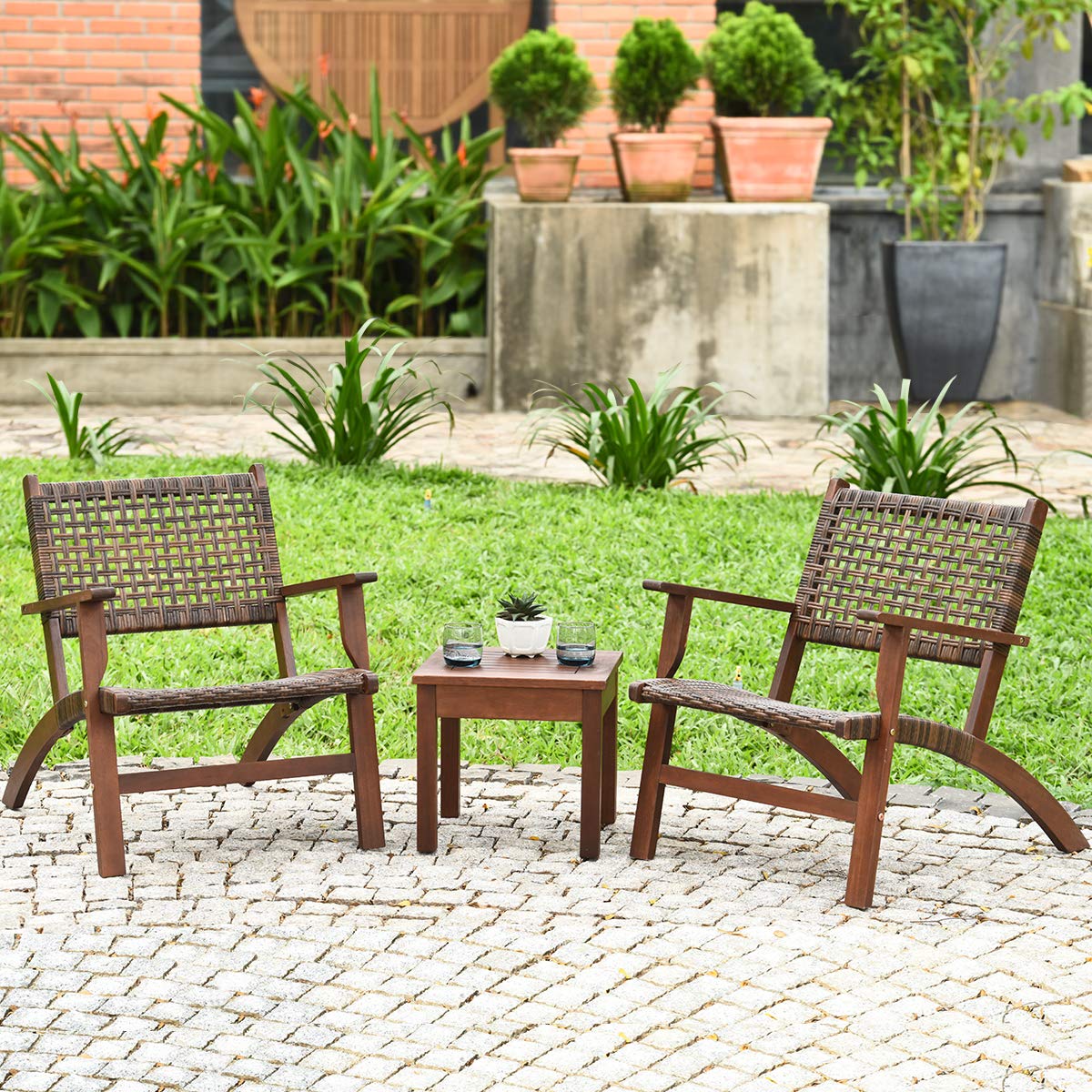 Tangkula 3 PCS Patio Conversation Set, Solid Eucalyptus Wood Frame Outdoor Wicker Furniture Set Bistro Set with Coffee Table, Rattan Furniture Set for Backyard Porch Garden Poolside Balcony (Brown) Tangkula