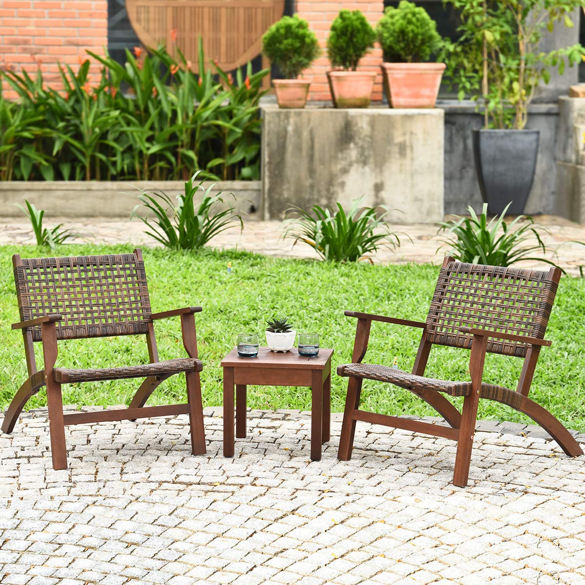 Tangkula 3 PCS Patio Conversation Set, Solid Eucalyptus Wood Frame Outdoor Wicker Furniture Set Bistro Set with Coffee Table, Rattan Furniture Set for Backyard Porch Garden Poolside Balcony (Brown)