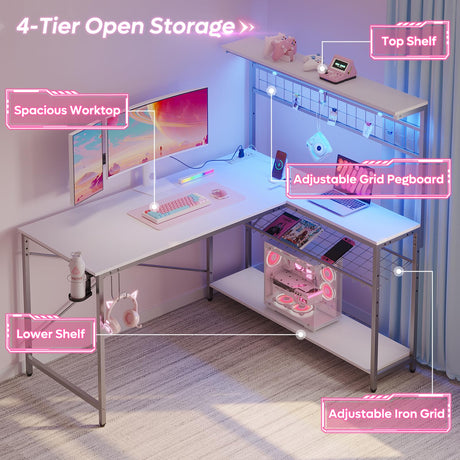 Bestier L Shaped Gaming Desk with Power Outlets, 51 inch LED Computer Desk Reversible Corner Desk with Metal Grid Pegboard and 4 Tiers Storage Shelves, Modern Writing Desk for Home Office, White Bestier