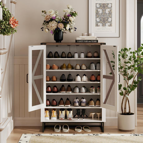 Maupvit Farmhouse Shoe Cabinet with Doors, 6-Tier Shoes Rack Shoe Storage Organizer with Adjustable Shelves & Metal Legs, Rustic Shoe Storage Cabinet for Entryway, Hallway, Closet, Living Room Maupvit