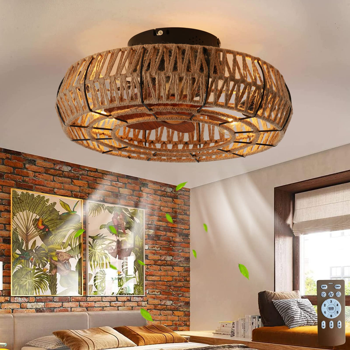 Letmarey 20" Caged Ceiling Fans with Lights and Remote, Boho Flush Mount Ceiling Fan with Light, Low Profile Chandelier 6 Speed Bladeless Reversible Ceiling Fan w/ 4 Bulbs. for Living Room Bedroom. Letmarey