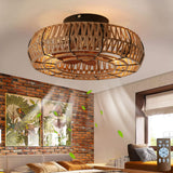 Letmarey 20" Caged Ceiling Fans with Lights and Remote, Boho Flush Mount Ceiling Fan with Light, Low Profile Chandelier 6 Speed Bladeless Reversible Ceiling Fan w/ 4 Bulbs. for Living Room Bedroom. Letmarey