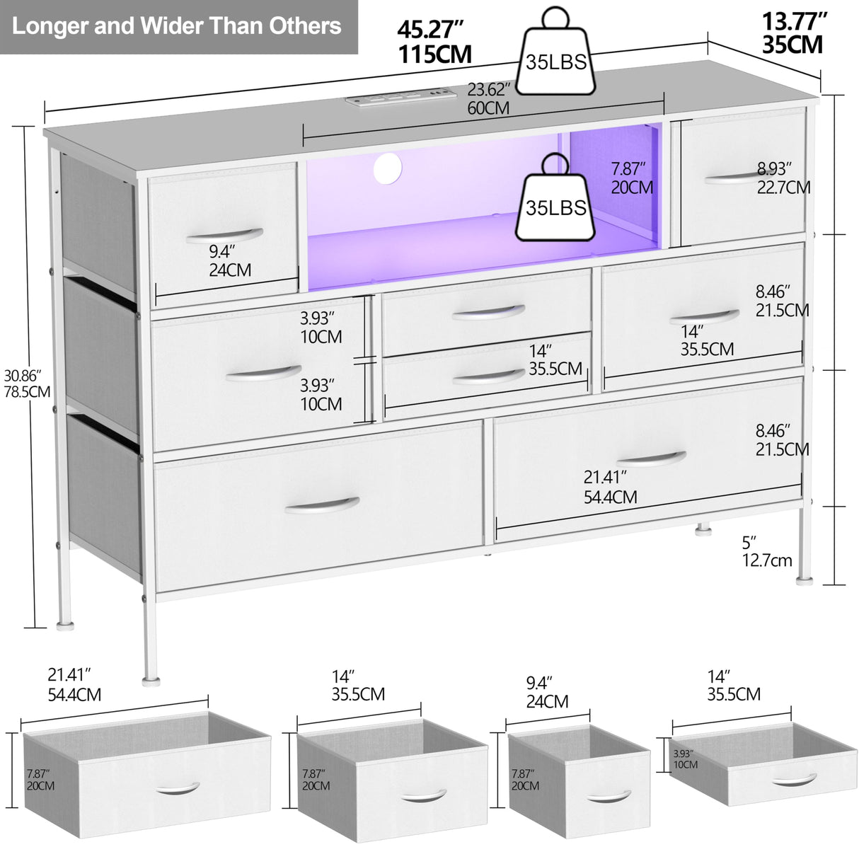 Simoretus Dresser with Charging Station and LED Light for Bedroom 8 Fabric Drawers with PU Finish Long Wide Dresser Chest of Drawers Open Shelf for Living Room TV Stand Closet Hallway (White) Simoretus