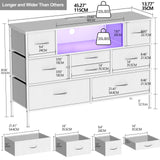 Simoretus Dresser with Charging Station and LED Light for Bedroom 8 Fabric Drawers with PU Finish Long Wide Dresser Chest of Drawers Open Shelf for Living Room TV Stand Closet Hallway (White) Simoretus