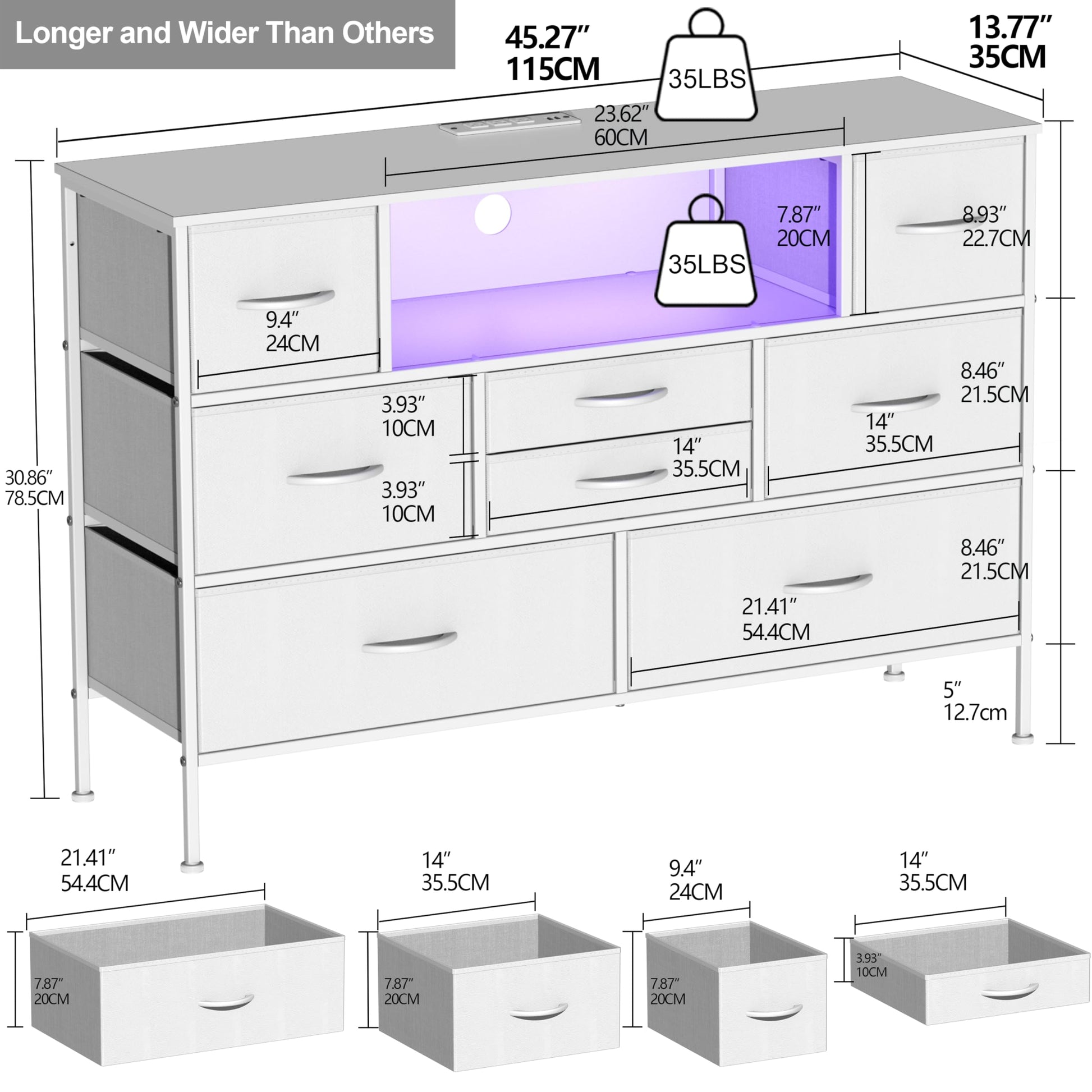 Simoretus Dresser with Charging Station and LED Light for Bedroom 8 Fabric Drawers with PU Finish Long Wide Dresser Chest of Drawers Open Shelf for Living Room TV Stand Closet Hallway (White) - WoodArtSupply