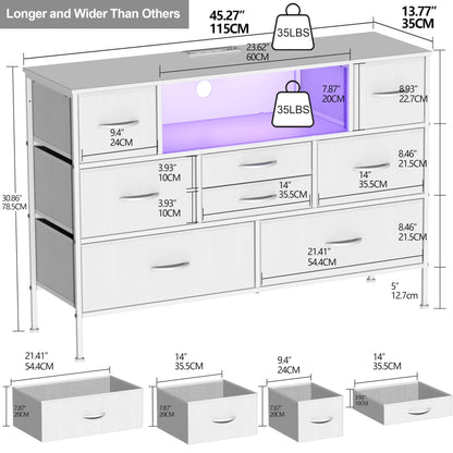 Simoretus Dresser with Charging Station and LED Light for Bedroom 8 Fabric Drawers with PU Finish Long Wide Dresser Chest of Drawers Open Shelf for Living Room TV Stand Closet Hallway (White) - WoodArtSupply