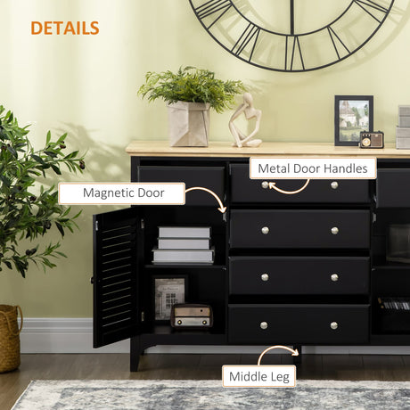 HOMCOM Sideboard Buffet Cabinet with Storage Drawers, Rubber Wood Top and Adjustable Shelves, Kitchen Cabinet Coffee Bar Cabinet, Black HOMCOM