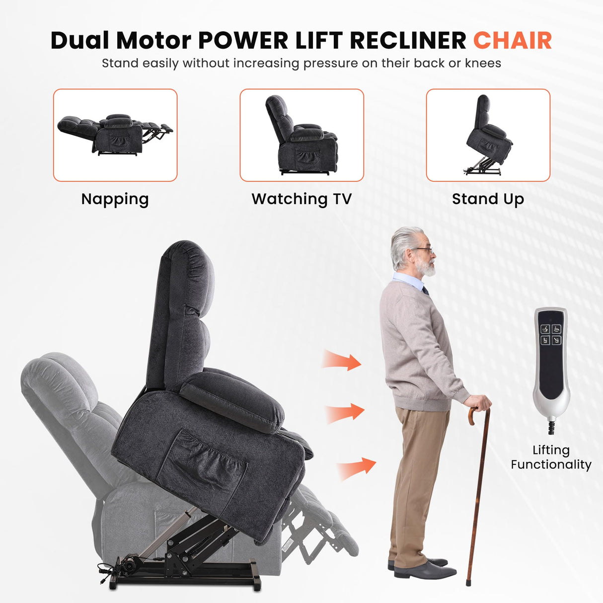 Dual Motor Power Lift Recliner Chair with Heat and Massage, Massage Recliner Chair for Elderly Seniors with Side Pocket and USB Charge Port, Cup Holders, Lay Flat (Grey) Anwick