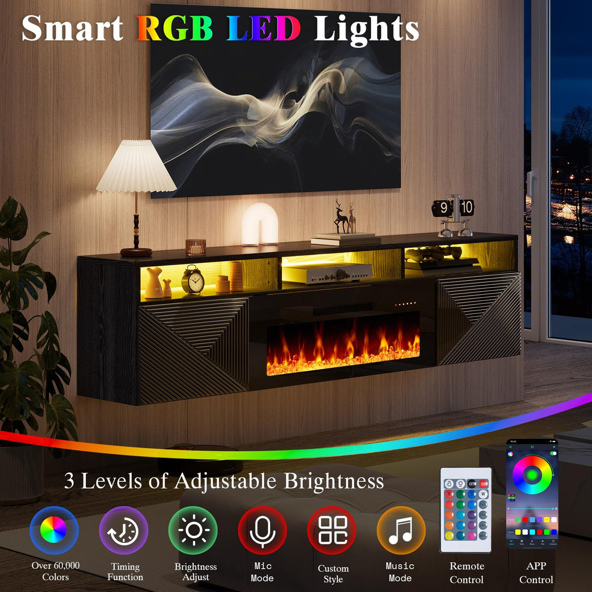 LUXOAK Floating TV Stand with 36" Electric Fireplace, 70 inch Wall Mounted Electric Fireplace Entertainment Center with Storage Space, TV Stand for Living Room for TVs Up to 80", All Black LUXOAK