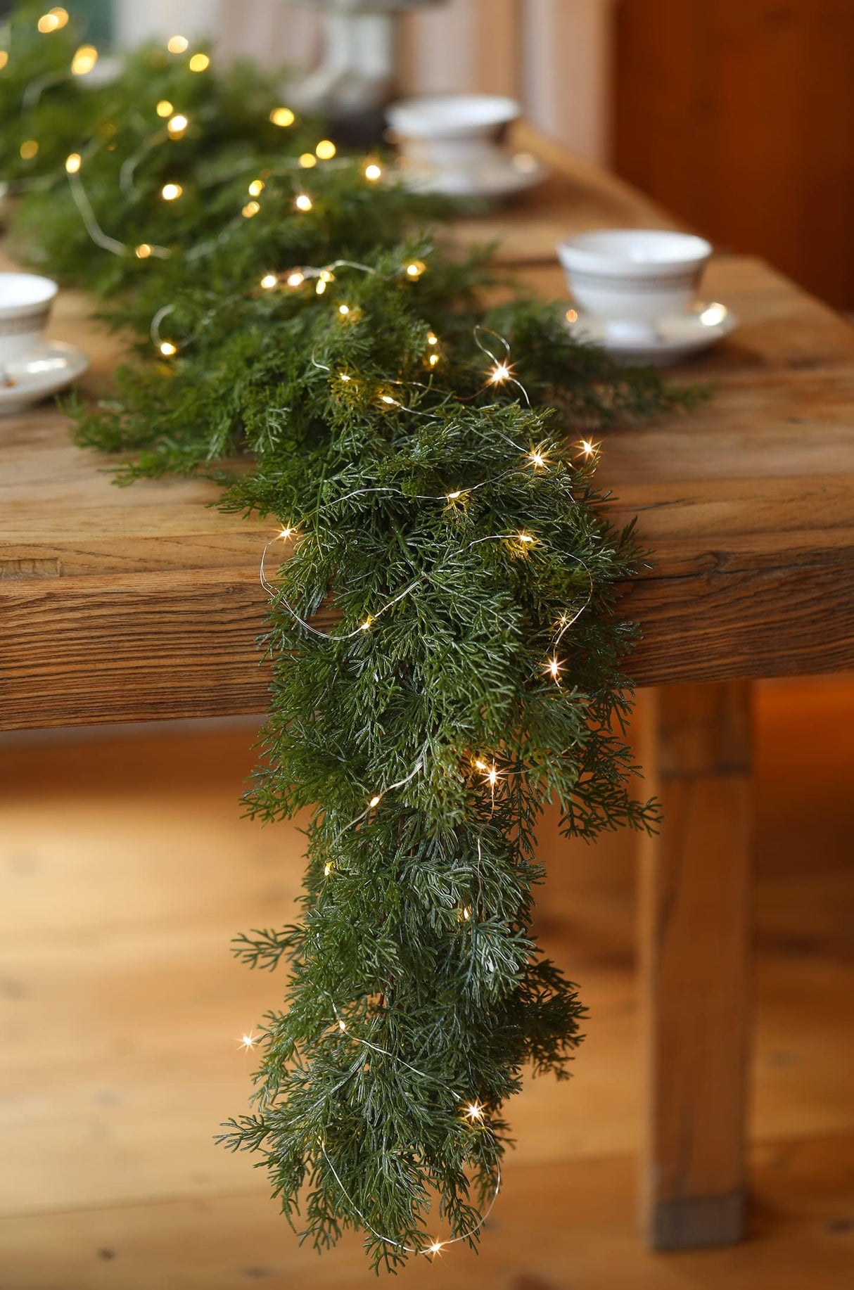 6FT Christmas Garland PARTY JOY Cedar Garland with 9.8FT LED Lights String, Greenery Plant for Christmas Decorations Table Mantle Background Wall Room Outdoor Indoor Winter Decoration PARTY JOY
