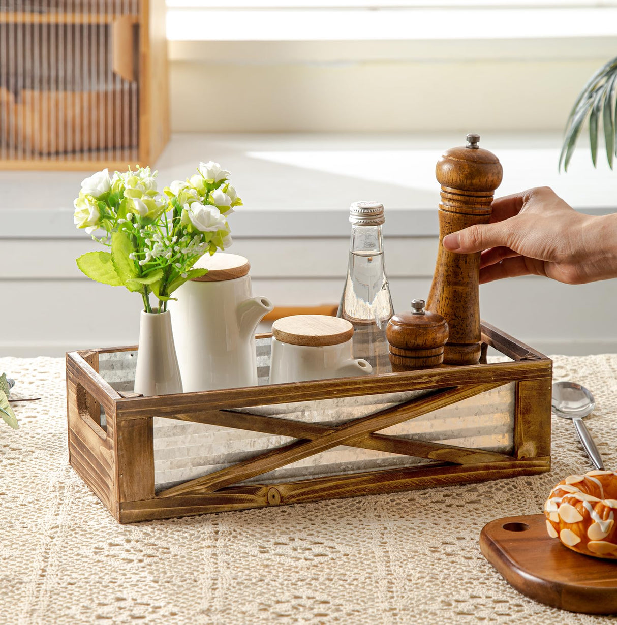 Venalys Wooden Toilet Tank Basket, Rustic Bathroom Decor Box, Farmhouse Toilet Paper Organizer Holder, Decorative Bathroom Storage Basket, Barn Door (Brown) Venalys