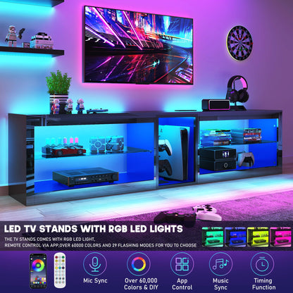 Vinctik 6&Fox 80in High Gloss LED TV Stands w/Power Outlet,60,000-Colors Lighting for 80 85 90inch TV,Modern Black LED Entertainment Center w/Adjustable Glass Shelves for Living Room