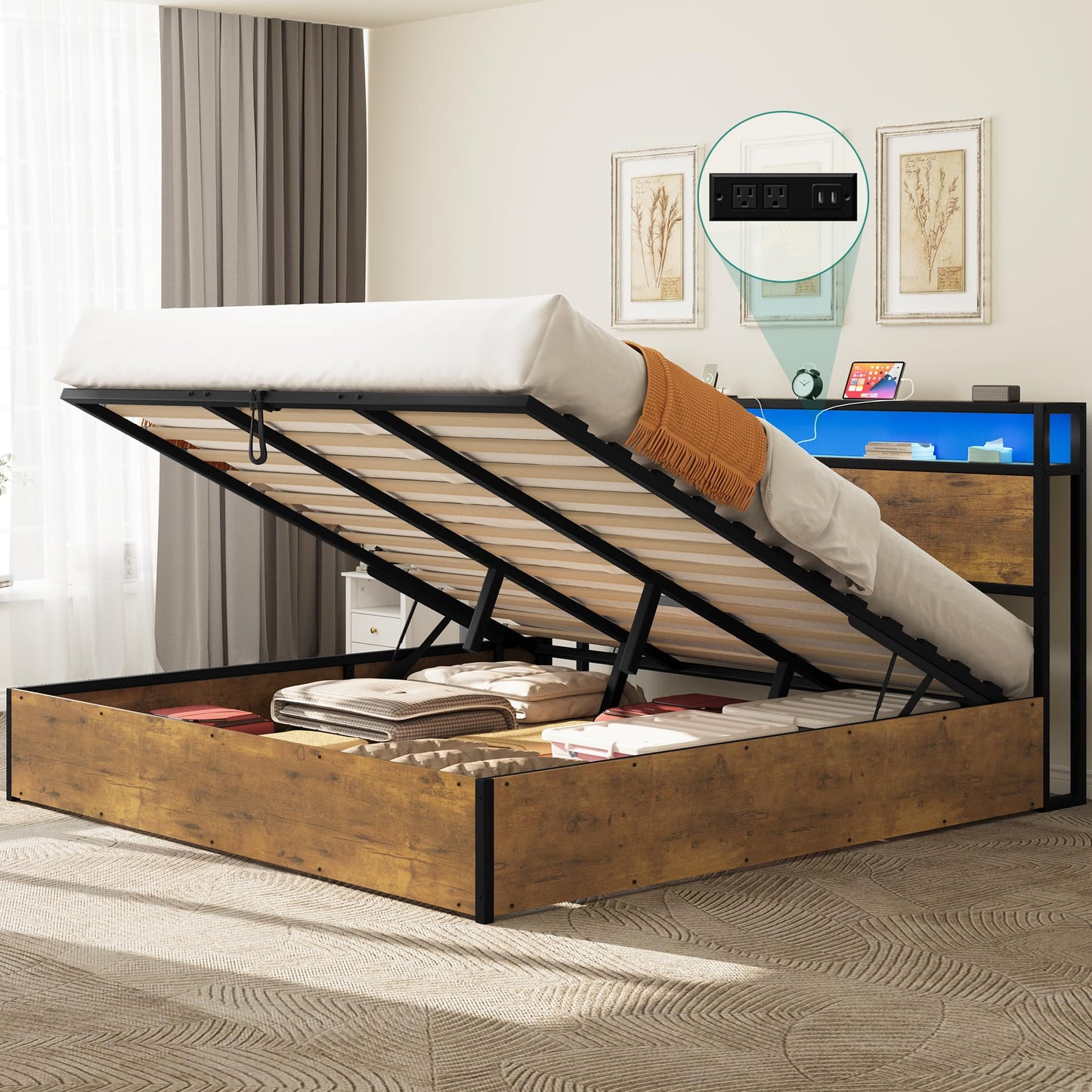 DWVO King Size Lift-Up Storage Bed Frame with Bookcase Headboard and LED Lighting in Rustic Brown - WoodArtSupply