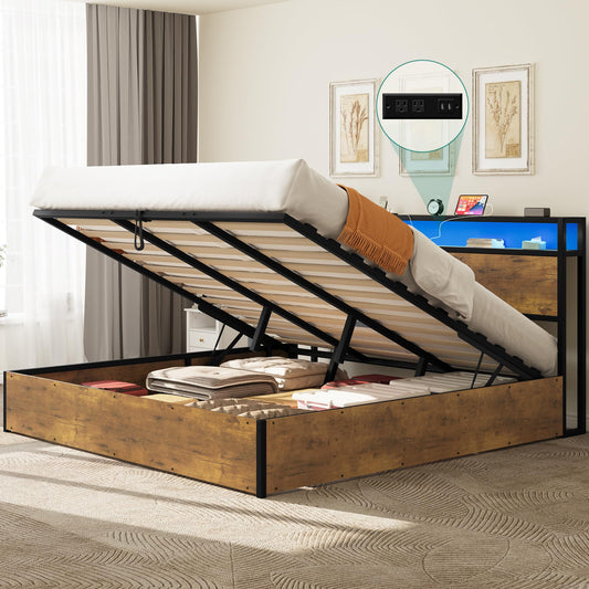 DWVO King Size Lift-Up Storage Bed Frame with Bookcase Headboard and LED Lighting in Rustic Brown - WoodArtSupply