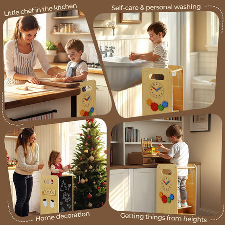 JUZBOT Toddler Tower 4 in 1 Toddler Kitchen Stool Helper Adjustable Standing Tower for Kitchen Counter with Safety Board, Slide, Chalkboard, Montessori Activities JUZBOT