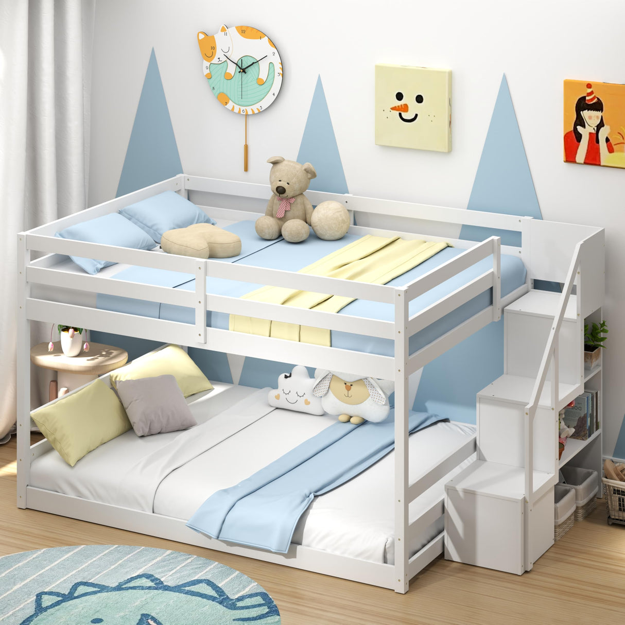 KOMFOTT Wood Full Over Full Low Bunk Bed with Storage Staircase, Wooden Bunk Bed Frame with Full-Length Guardrails, Low Profile Kids Bed with Slats Support, No Box Spring Needed KOMFOTT