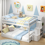 KOMFOTT Wood Full Over Full Low Bunk Bed with Storage Staircase, Wooden Bunk Bed Frame with Full-Length Guardrails, Low Profile Kids Bed with Slats Support, No Box Spring Needed KOMFOTT