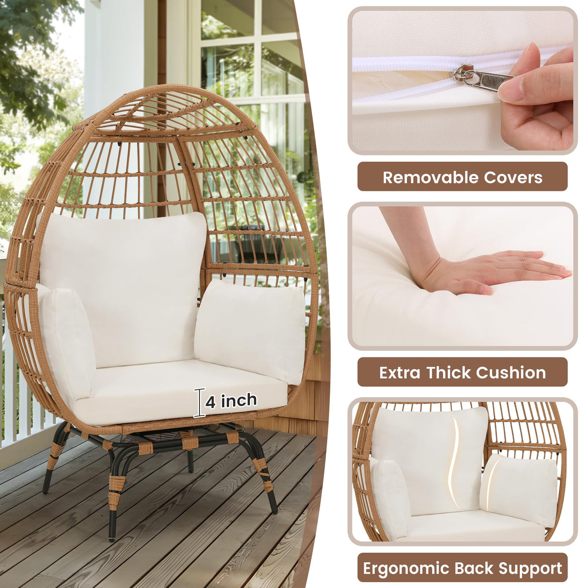 Murago Oversized 360 Swivel Rattan Egg Chair for Adult, Indoor Outdoor Patio Large Wicker Egg Chair with overstuffed Cushions, 440lb Weight Capacity, Natural Rattan with Beige Cushion Murago