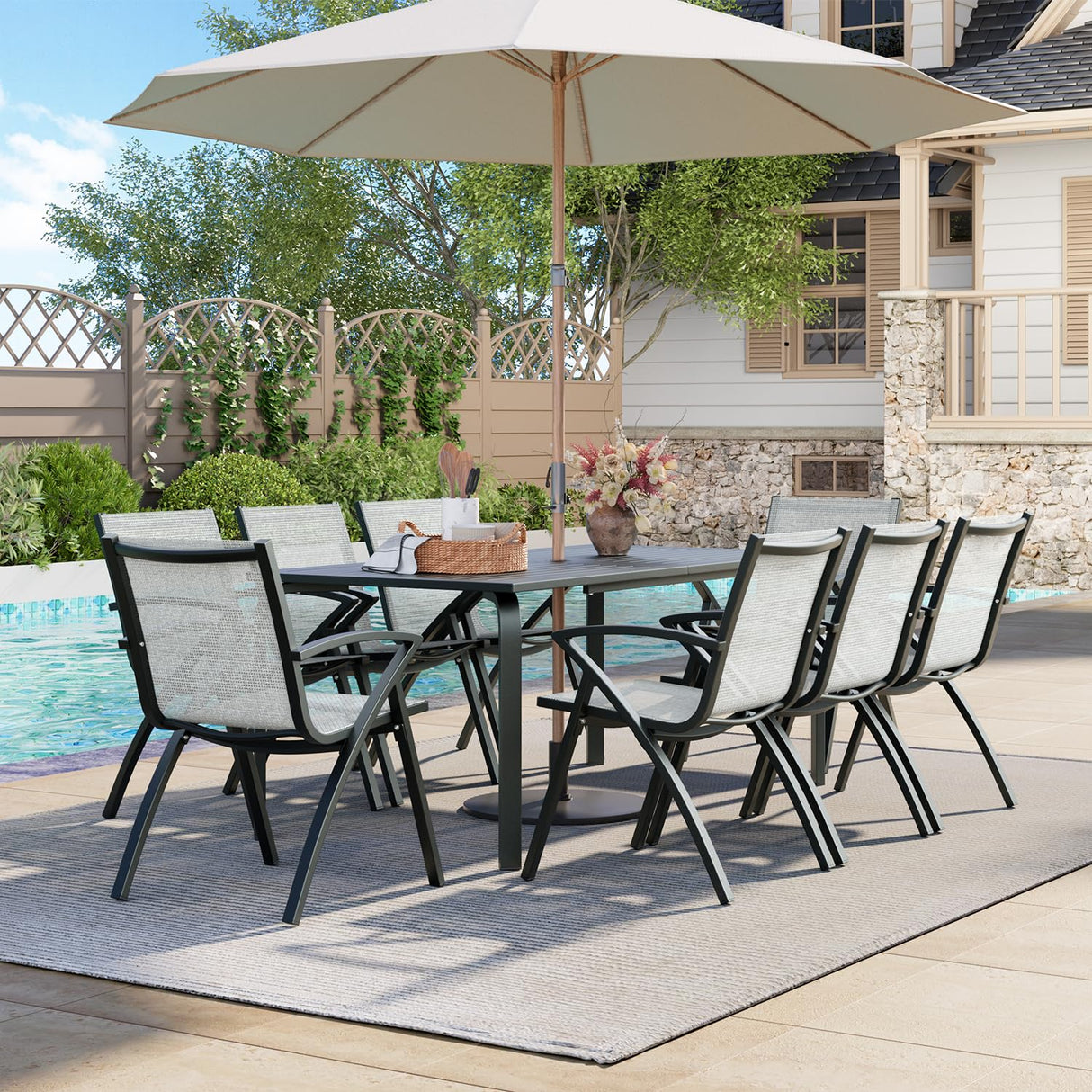SLEKVERSA 9 Piece Outdoor Patio Dining Set with Umbrella Hole, Outdoor Dining Set with 71" Aluminum Table & Aluminum Sling Back Chair, Outdoor Patio Furniture Sets for 8 People (9 Piece) SLEKVERSA