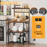 Furologee Bakers Rack with Power Outlet and LED Light, Small Microwave Stand with 4 Tier Shelves, Coffee Bar Station Table with 6 S Hooks, Kitchen Storage Rack for Spices, Pots, Rustic Brown Furologee