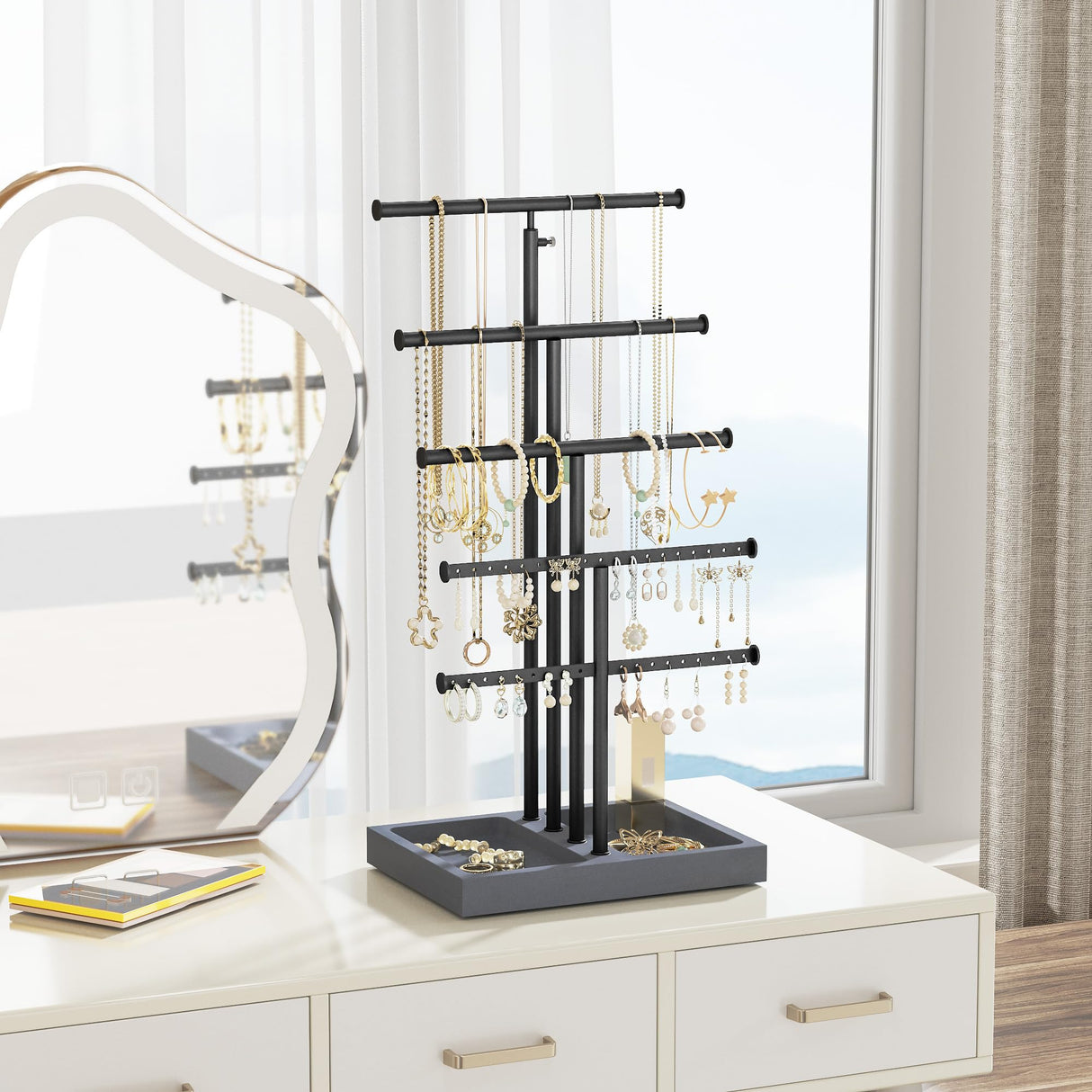 Love-KANKEI Jewelry Organizer Stand,5 Tier Large Necklace Holder with Wood Base,Jewelry holder stand Tree for Display,Bracelets Earrings Rings,Height Adjustable Gift Weathered Grey Love-KANKEI