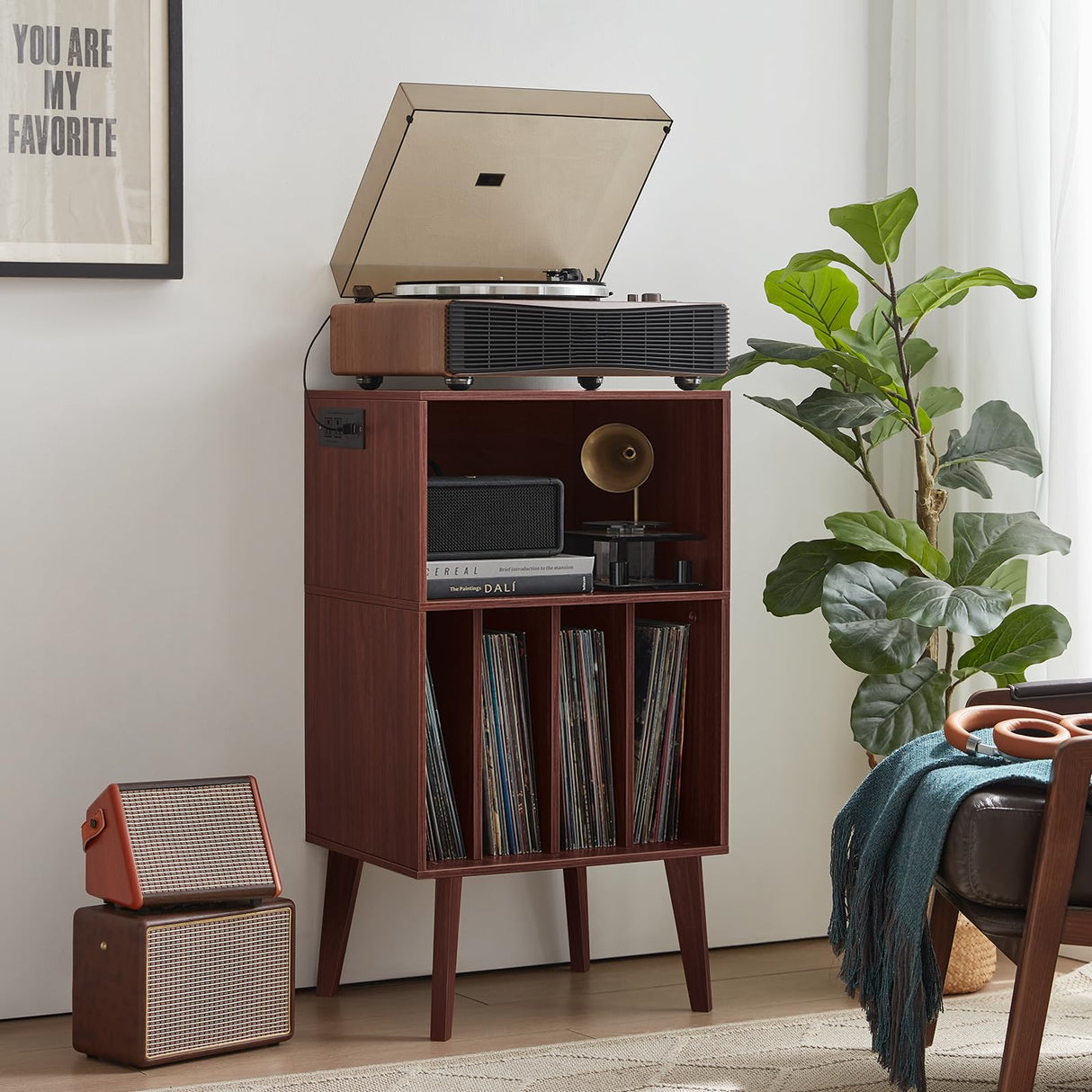 Lerliuo Record Player Stand with Charging Station, Walnut Turntable Stand Holds up to 160 Albums, Mid-Century Vinyl Storage Cabinet Table with Wood Legs, Record Holder Dispaly Shelf for Living Room Lerliuo