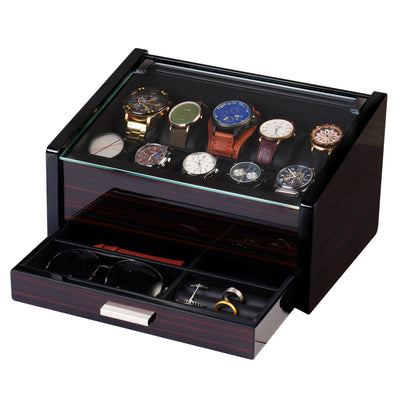 Woodronic Watch Organizer Case, 10 Slots Wood Watch Box Display Holder with Storage Drawer and Pillows, Glossy Finish, Glass Top and 2-Tiered Design, Gift for Men (Flat-top)