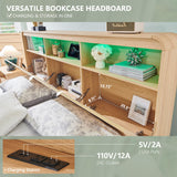 Aitjunz Modern King Size Bed Frame with 50" Tall Storage Headboard, Wood King Size Platform Bed Frame w/4 Drawers, Curved Profile Design,LED Light, Charging Station,No Box Spring Needed, Natural Oak Aitjunz