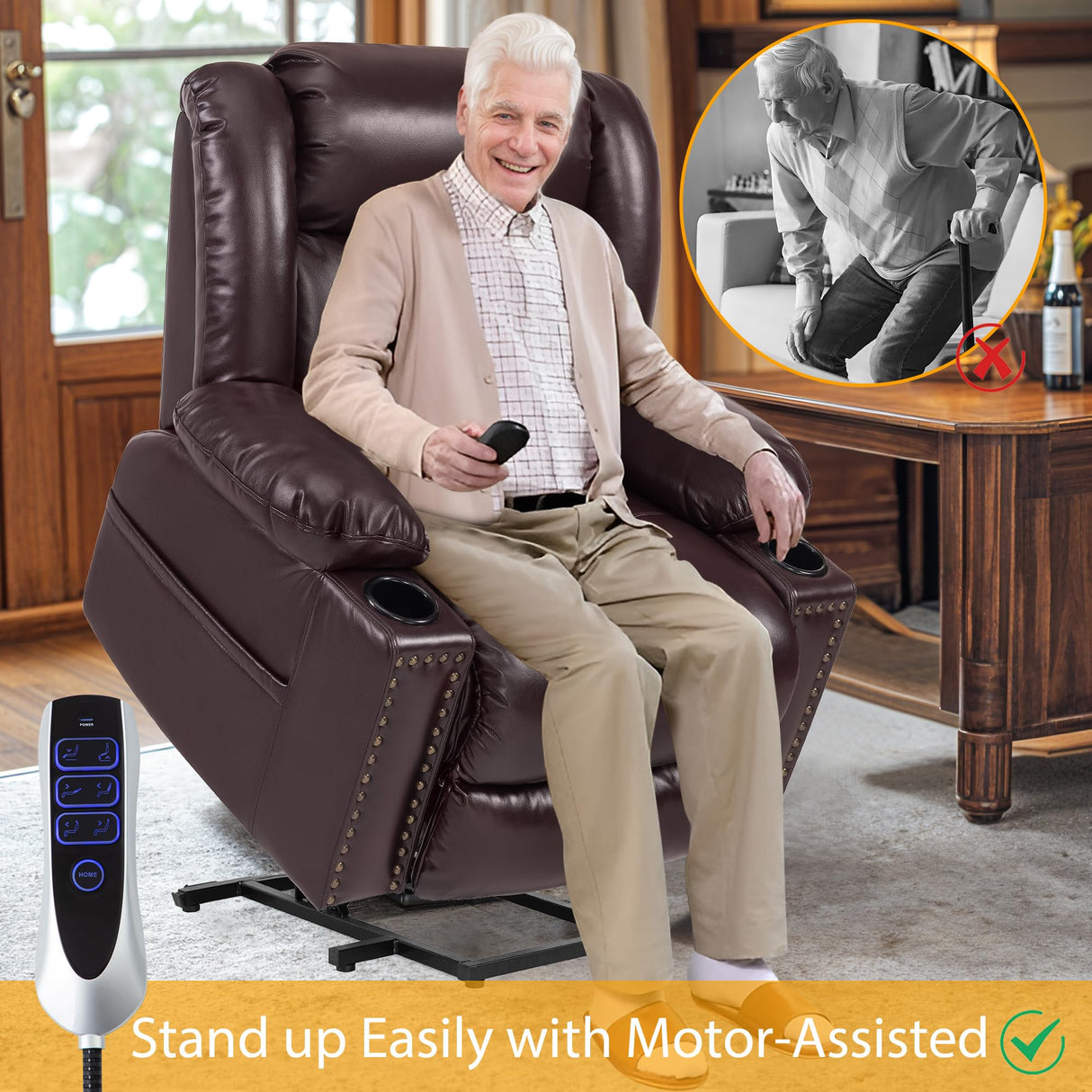 Neioml Triple Motor Large Power Lift Recliner Chair for Elderly with Heat and Massage, Lay Flat Lift Chairs for Seniors Infinite Position, Extended Footrest, USB Ports, Dark Brown Neioml