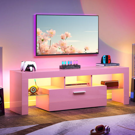 Clikuutory Pink LED TV Stand with Large Storage Drawer for 32 40 50 55 Inch TVs, Modern High Gloss TV Console Table with Entertainment Center for Living Room, Bedroom, Pink Clikuutory