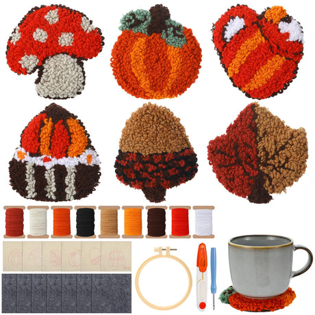 Mindsoft 6 Pcs Fall Punch Needle Coaster Kit Thanksgiving Punch Needle Embroidery Kits with 6 Patterns Yarn Tools Sticky Felt Embroidery Hoop Instruction for Adult Beginner DIY Craft Supplies Mindsoft