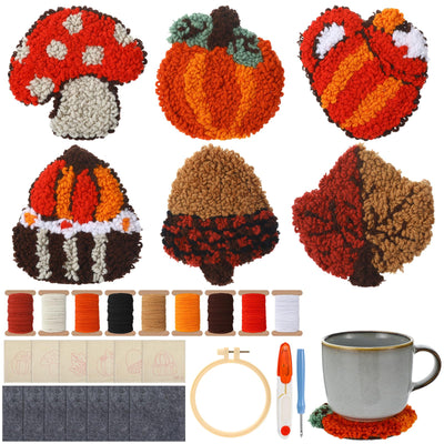 Mindsoft 6 Pcs Fall Punch Needle Coaster Kit Thanksgiving Punch Needle Embroidery Kits with 6 Patterns Yarn Tools Sticky Felt Embroidery Hoop Instruction for Adult Beginner DIY Craft Supplies