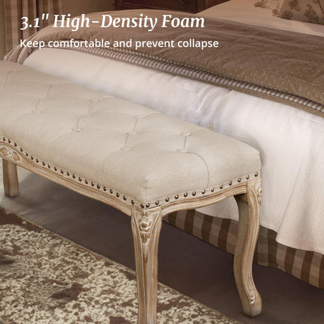 Cozyman Bedroom Bench, French Vintage Tufted Entryway Bench, 45.2" Carving Upholstered End of Bed Bench with Distressed Wood Legs, Linen Ottoman Bench Seat for Living Room, Dining Room, Linen Color Cozyman