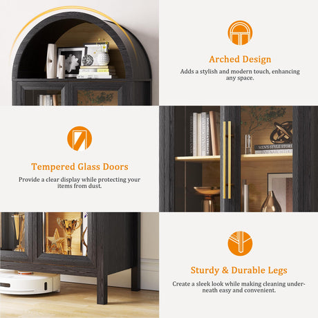 Dystler Arched Kitchen Pantry Cabinet with Glass Doors, Display Curio Case with 3 Color LED Lights for Collectibles, Modern 5-Tier Storage Hutch Cabinet for Kitchen, Dining Room, Black Dystler