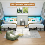 DICTAC Twin Size Corner Bed Frame with 2 Storage Drawers and Led Lights Metal Platform Bed Frame with Charging Station Modern Twin Daybed Frame for Living Room, Bedroom and Guest Room, Black&Gray DICTAC