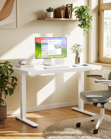 Marsail Glass Standing Desk with Drawer,55 x 28 inch Electric Standing Desk, Height Adjustable Desk with One-Piece Tabletop & USB Charging Ports, Sit Stand Desk with Storage for Home & Office White Marsail