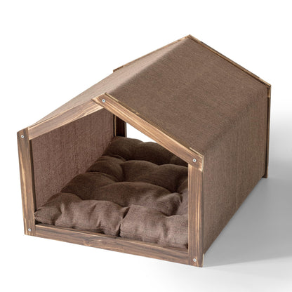 Dog House with Wooden Frame for Small Dogs or Cats Pet House with Fabric Cushion for Indoor (Brown)