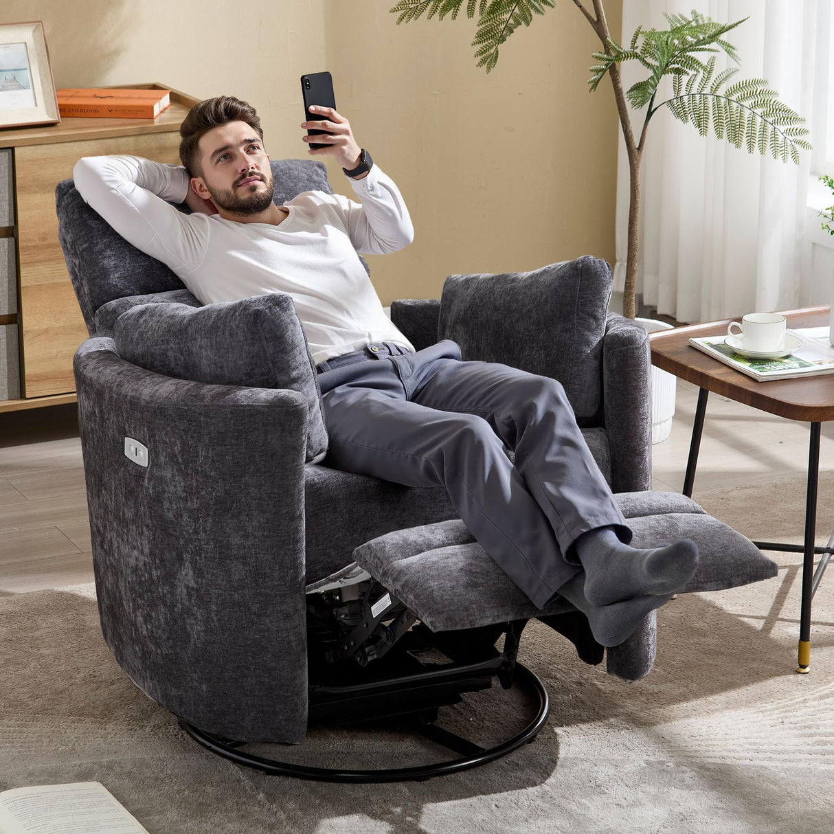 Recliner Swivel Glider Electric Rocking Chair with USB Port,Upholstered High Back Nursery Rocking Chair,Adult Power Recliner Chair with 2 Pillows for Living Room Bedroom(DRAK Grey, Power-Driven) choairy
