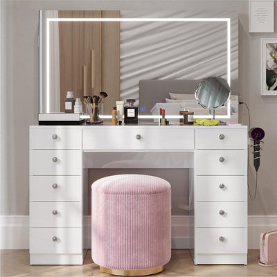 Boahaus Amelia Large Makeup Vanity Desk with Dimmable LED, 2 Bluetooth Speakers, USB Type C & Type A, 110 V Power Outlet, 11 Drawers, Crystal Knobs, Hair Dryer Holder - Premium White