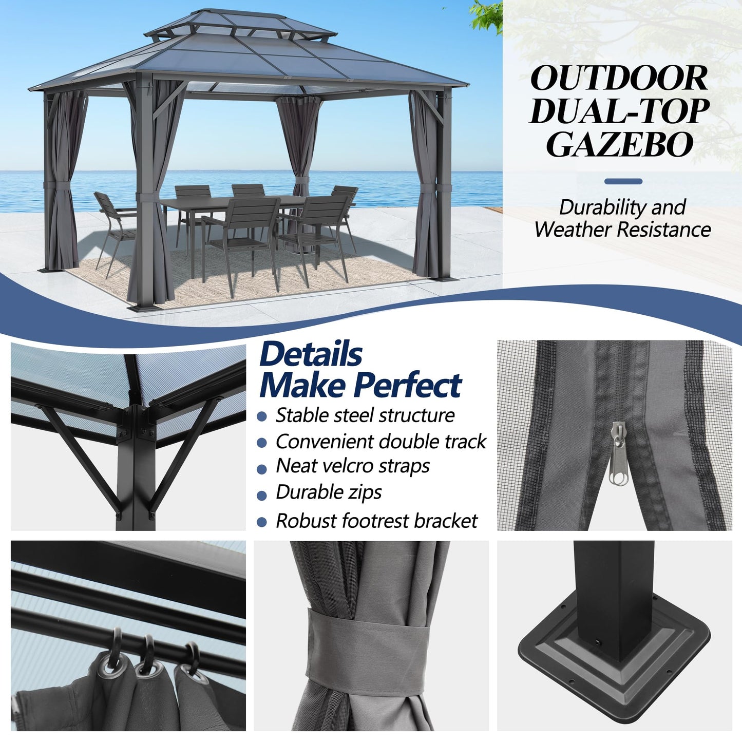 GARTOO 10’x12’ Patio Polycarbonate Canopy Gazebo, Outdoor Double Roof Gazebo with Steel Frame, Backyard Gazebo with Breathable Netting and Curtains - Perfect for Patio, Lawn, Garden, Poolside